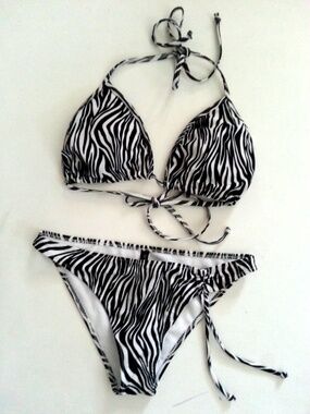 NWT Bebe 2b White Black Zebra Print Bra Swimsuit Bikini Top Bottom Set S Small
